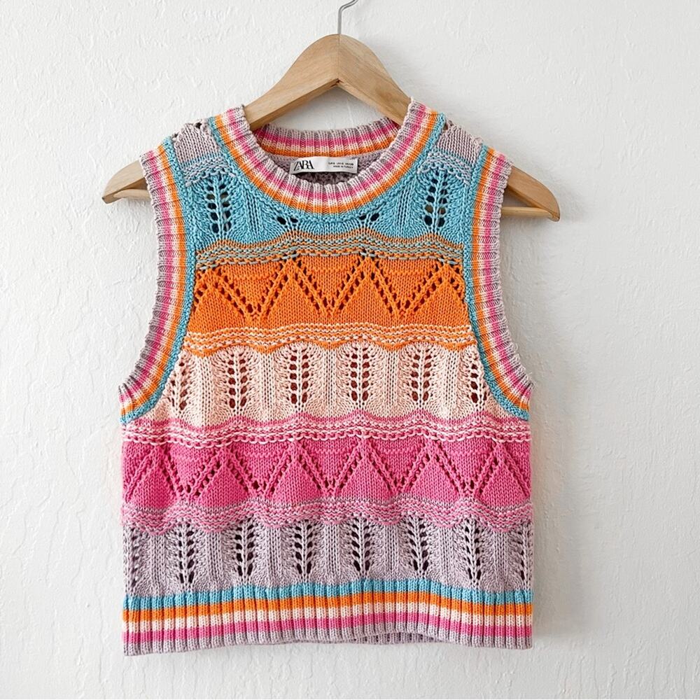 Zara | Multicolor Stripe Crochet Open Knit Cropped Sleeveless Top - Picture 3 of 7